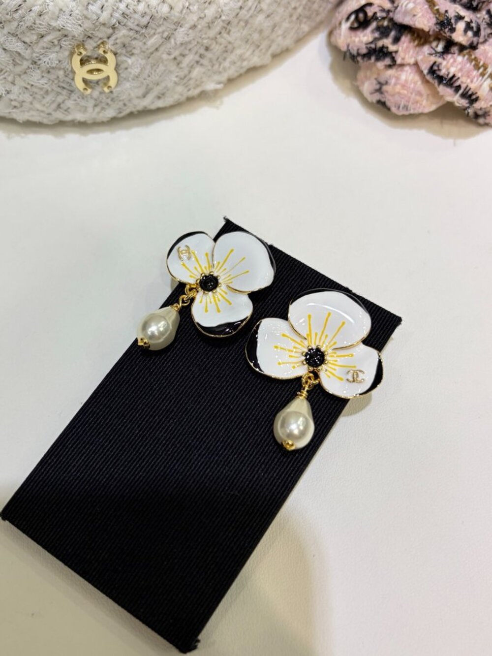 Chanel Gold-Tone White Enamel Pansy Pearl Drop Earrings